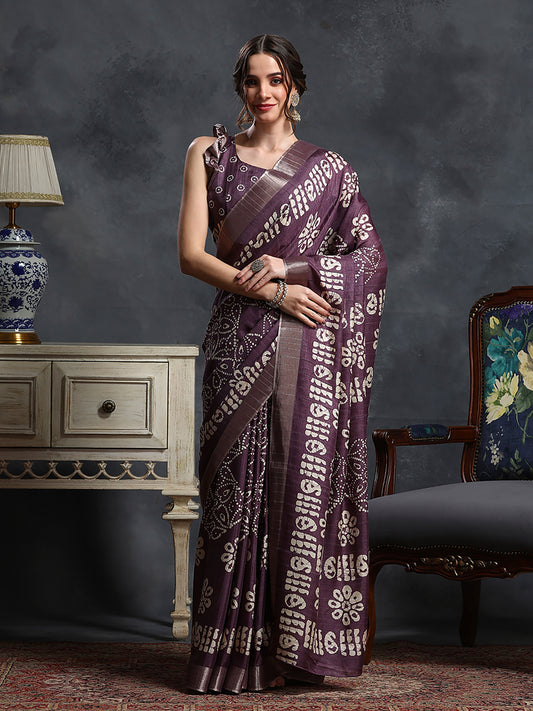 Women's Silk Blend Purple Printed Designer Saree With Blouse Piece