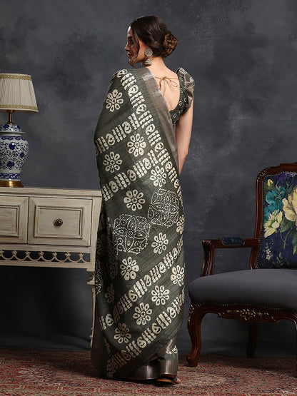 Women's Silk Blend Olive Printed Designer Saree With Blouse Piece