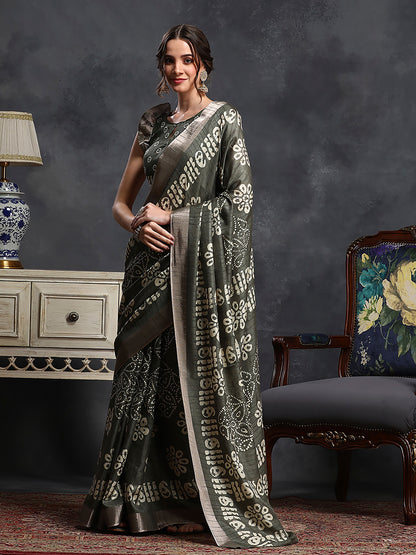 Women's Silk Blend Olive Printed Designer Saree With Blouse Piece