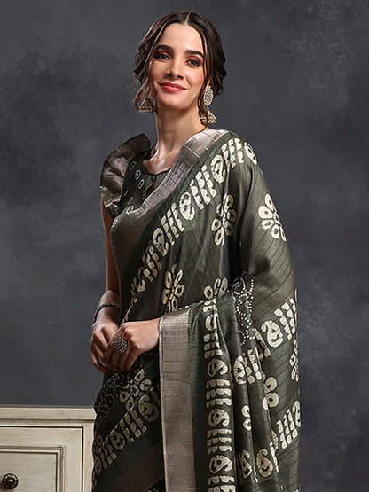Women's Silk Blend Olive Printed Designer Saree With Blouse Piece