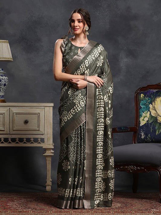 Women's Silk Blend Olive Printed Designer Saree With Blouse Piece