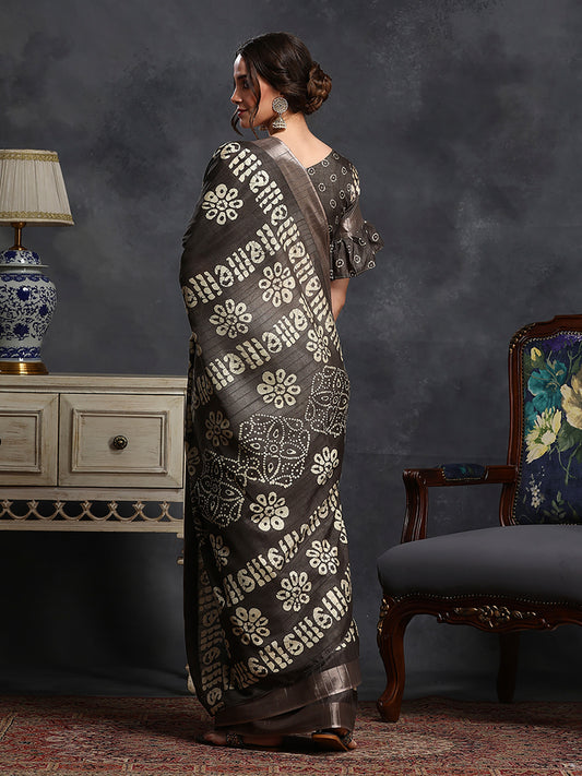 Women's Silk Blend Coffee Brown Printed Designer Saree With Blouse Piece