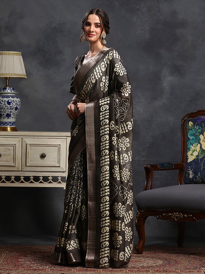 Women's Silk Blend Coffee Brown Printed Designer Saree With Blouse Piece