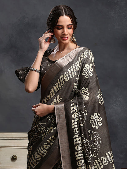 Women's Silk Blend Coffee Brown Printed Designer Saree With Blouse Piece
