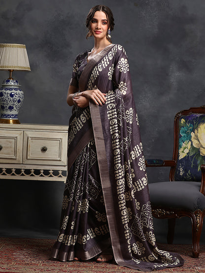 Women's Silk Blend Violet Printed Designer Saree With Blouse Piece
