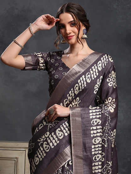 Women's Silk Blend Violet Printed Designer Saree With Blouse Piece