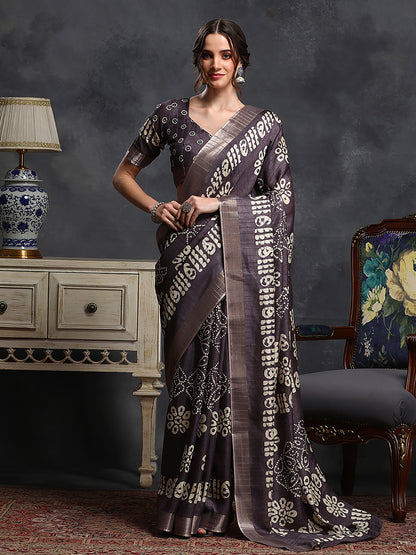 Women's Silk Blend Violet Printed Designer Saree With Blouse Piece