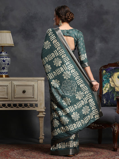 Women's Silk Blend Sea Green Printed Designer Saree With Blouse Piece