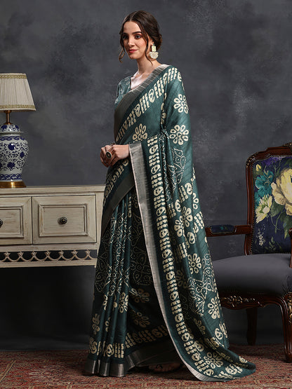 Women's Silk Blend Sea Green Printed Designer Saree With Blouse Piece