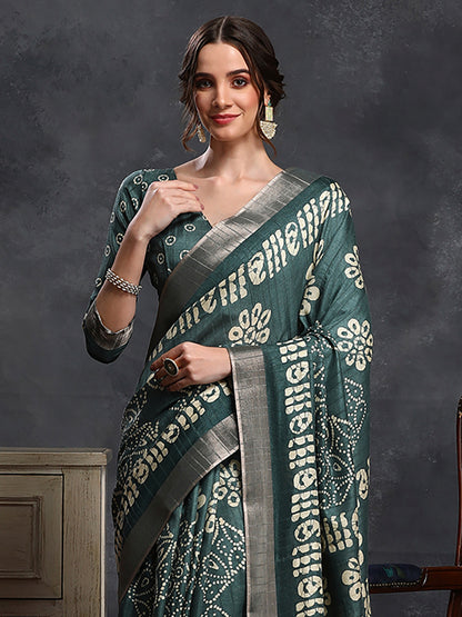 Women's Silk Blend Sea Green Printed Designer Saree With Blouse Piece
