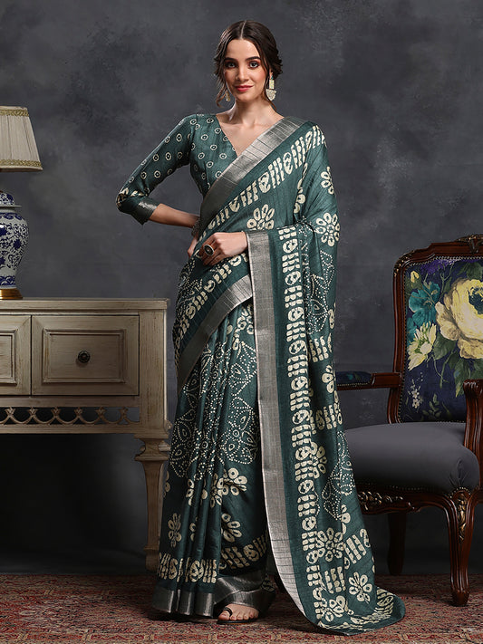 Women's Silk Blend Sea Green Printed Designer Saree With Blouse Piece