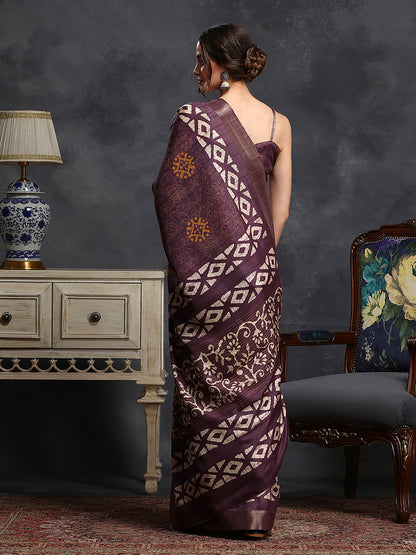 Women's Silk Blend Olive Printed Designer Saree With Blouse Piece