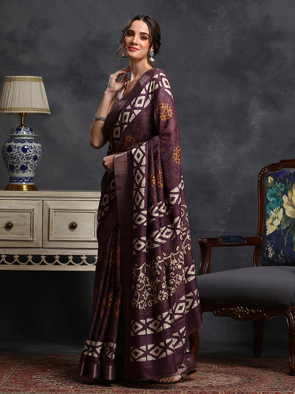 Women's Silk Blend Olive Printed Designer Saree With Blouse Piece