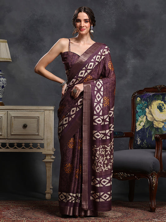 Women's Silk Blend Olive Printed Designer Saree With Blouse Piece