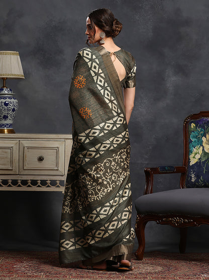 Women's Silk Blend Blue Printed Designer Saree With Blouse Piece