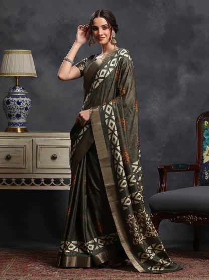 Women's Silk Blend Blue Printed Designer Saree With Blouse Piece