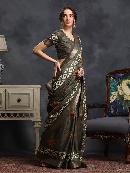 Women's Silk Blend Blue Printed Designer Saree With Blouse Piece
