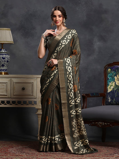 Women's Silk Blend Blue Printed Designer Saree With Blouse Piece