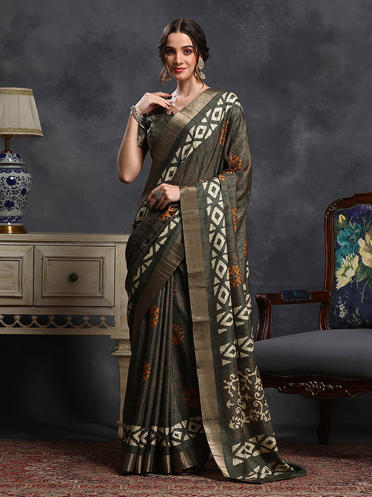 Women's Silk Blend Blue Printed Designer Saree With Blouse Piece