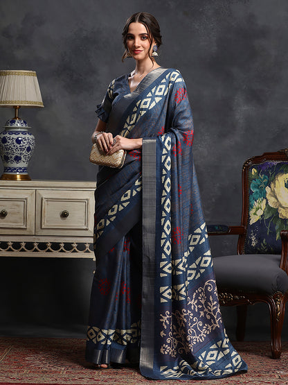 Women's Silk Blend Blue Printed Designer Saree With Blouse Piece