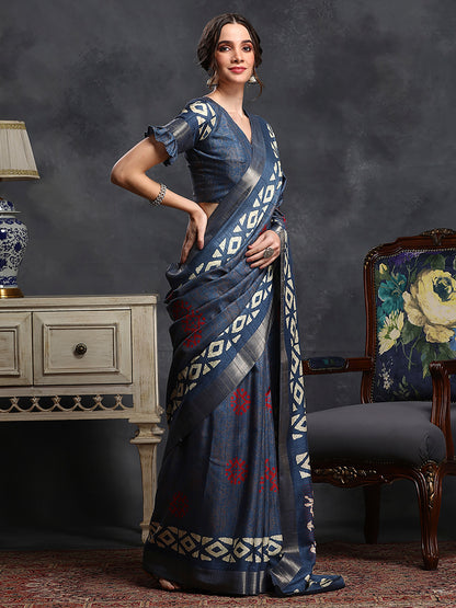 Women's Silk Blend Blue Printed Designer Saree With Blouse Piece