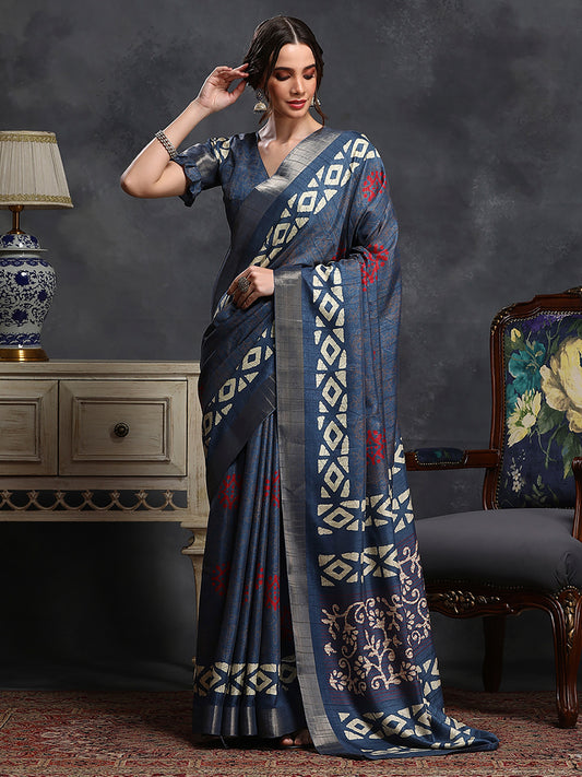 Women's Silk Blend Blue Printed Designer Saree With Blouse Piece