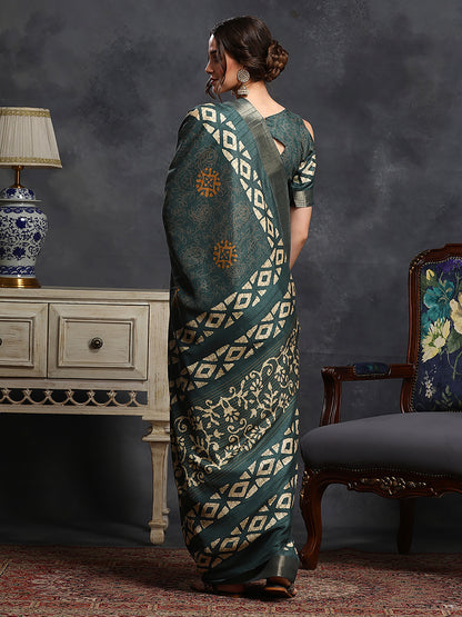 Women's Silk Blend Teal green Printed Designer Saree With Blouse Piece