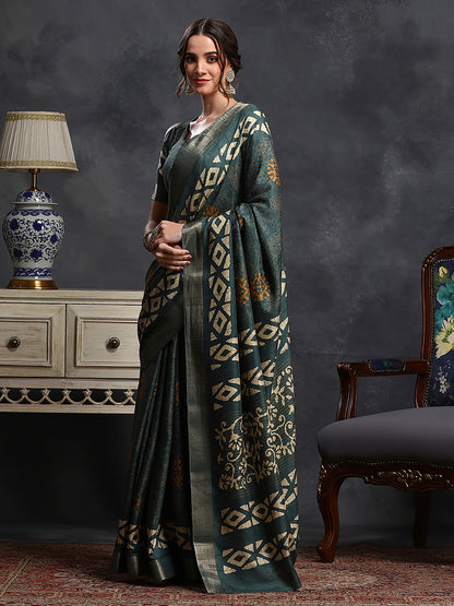 Women's Silk Blend Teal green Printed Designer Saree With Blouse Piece