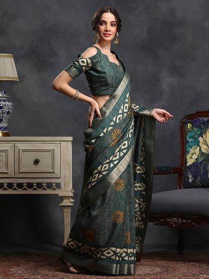 Women's Silk Blend Teal green Printed Designer Saree With Blouse Piece