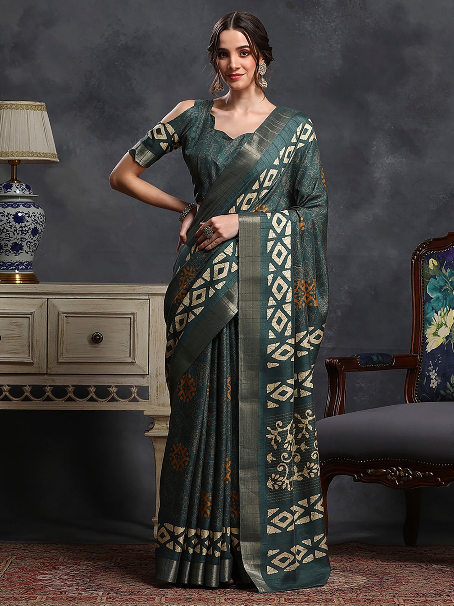 Women's Silk Blend Teal green Printed Designer Saree With Blouse Piece