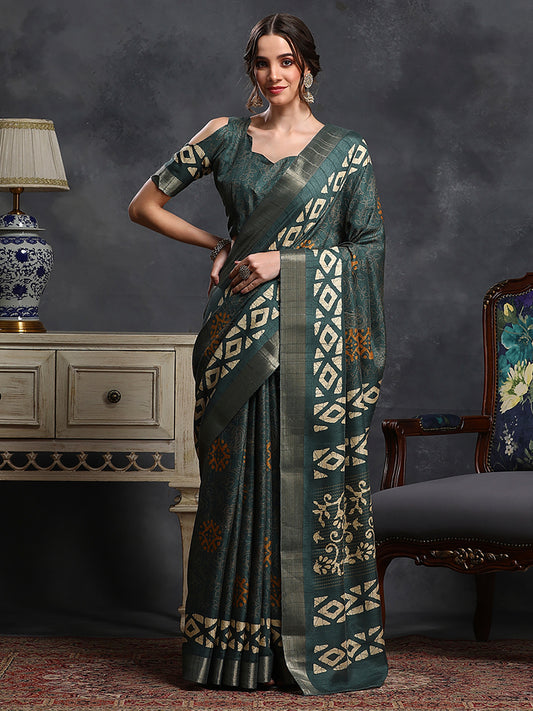 Women's Silk Blend Teal green Printed Designer Saree With Blouse Piece