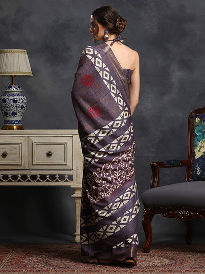 Women's Silk Blend Violet Printed Designer Saree With Blouse Piece