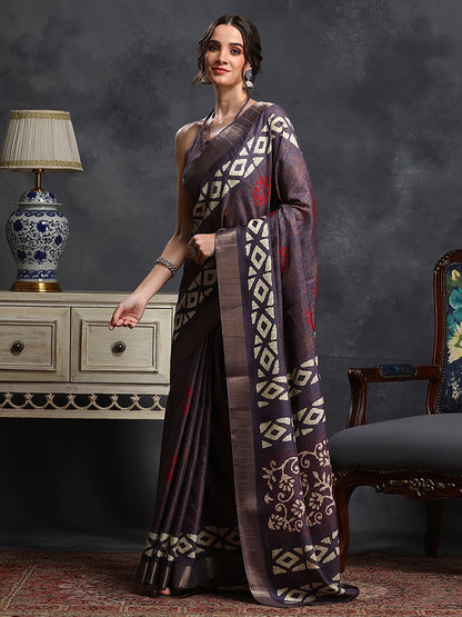 Women's Silk Blend Violet Printed Designer Saree With Blouse Piece