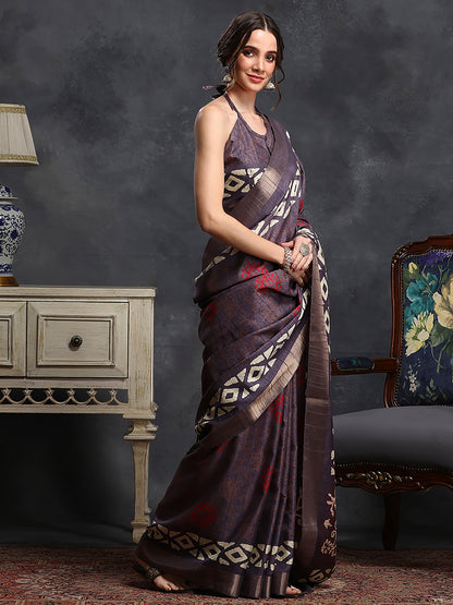 Women's Silk Blend Violet Printed Designer Saree With Blouse Piece