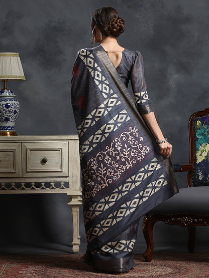 Women's Silk Blend Grey Printed Designer Saree With Blouse Piece