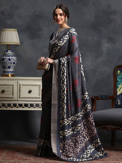 Women's Silk Blend Grey Printed Designer Saree With Blouse Piece
