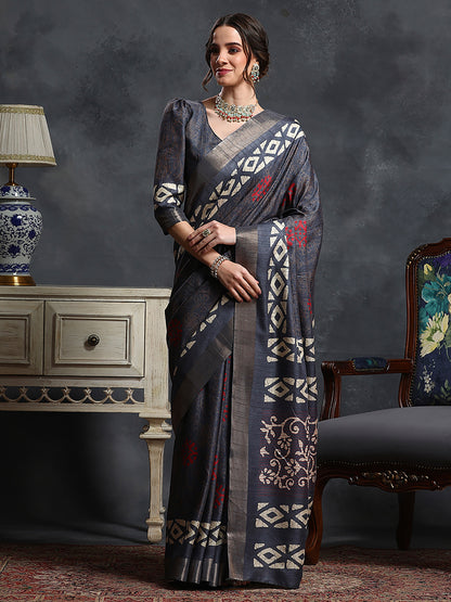 Women's Silk Blend Grey Printed Designer Saree With Blouse Piece