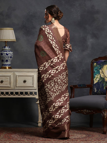 Women's Silk Blend Brown Printed Designer Saree With Blouse Piece