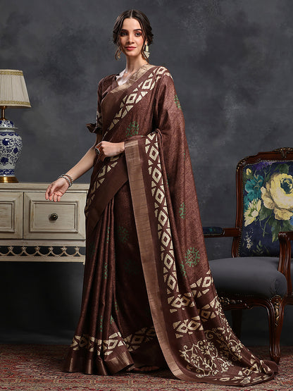 Women's Silk Blend Brown Printed Designer Saree With Blouse Piece