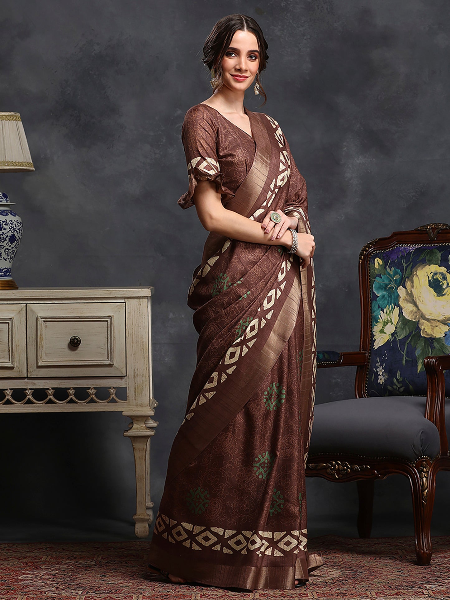 Women's Silk Blend Brown Printed Designer Saree With Blouse Piece