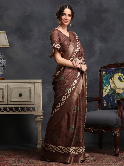 Women's Silk Blend Brown Printed Designer Saree With Blouse Piece