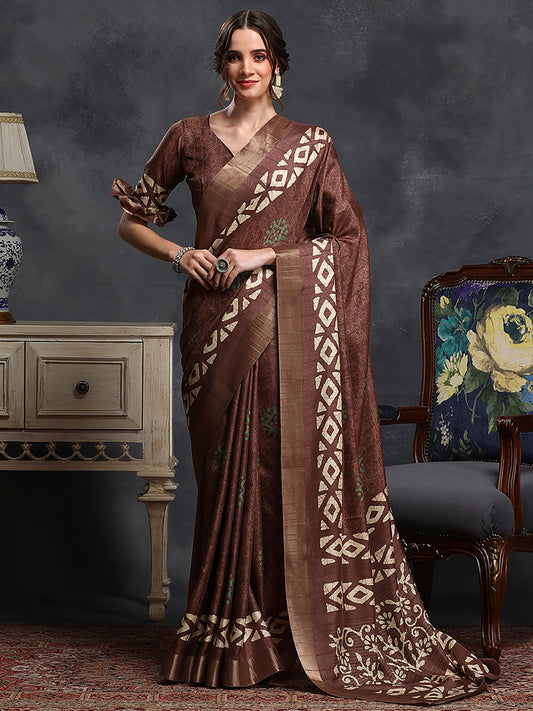 Women's Silk Blend Brown Printed Designer Saree With Blouse Piece