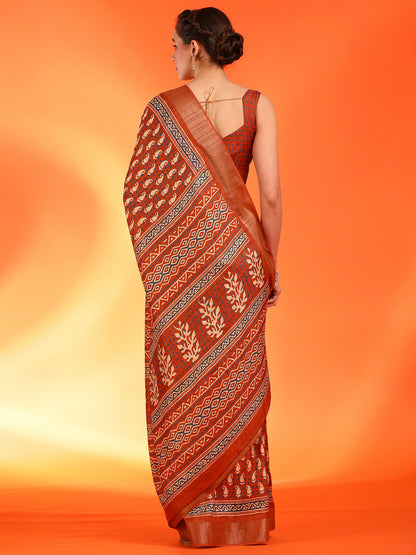 Women's Silk Blend Orange Printed Designer Saree With Blouse Piece