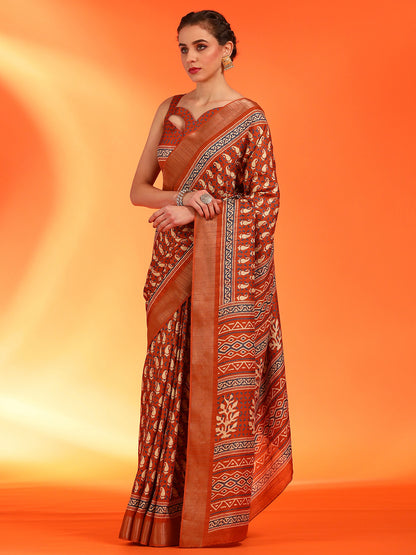 Women's Silk Blend Orange Printed Designer Saree With Blouse Piece