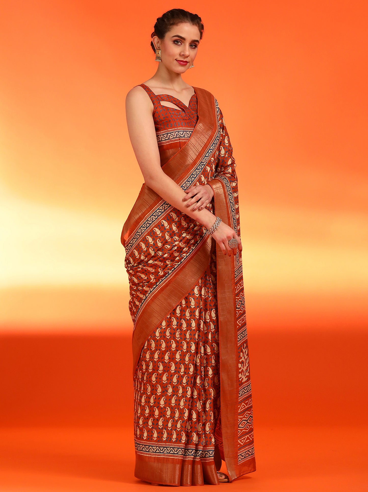 Women's Silk Blend Orange Printed Designer Saree With Blouse Piece