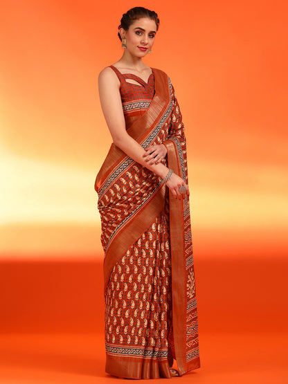 Women's Silk Blend Orange Printed Designer Saree With Blouse Piece