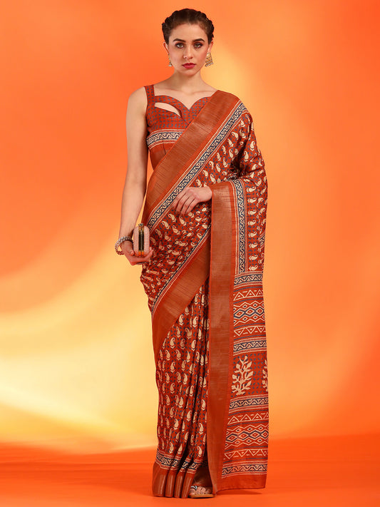 Women's Silk Blend Orange Printed Designer Saree With Blouse Piece