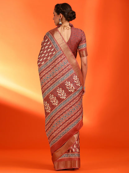Women's Silk Blend Rust Printed Designer Saree With Blouse Piece