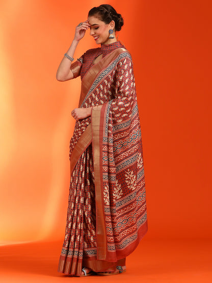 Women's Silk Blend Rust Printed Designer Saree With Blouse Piece