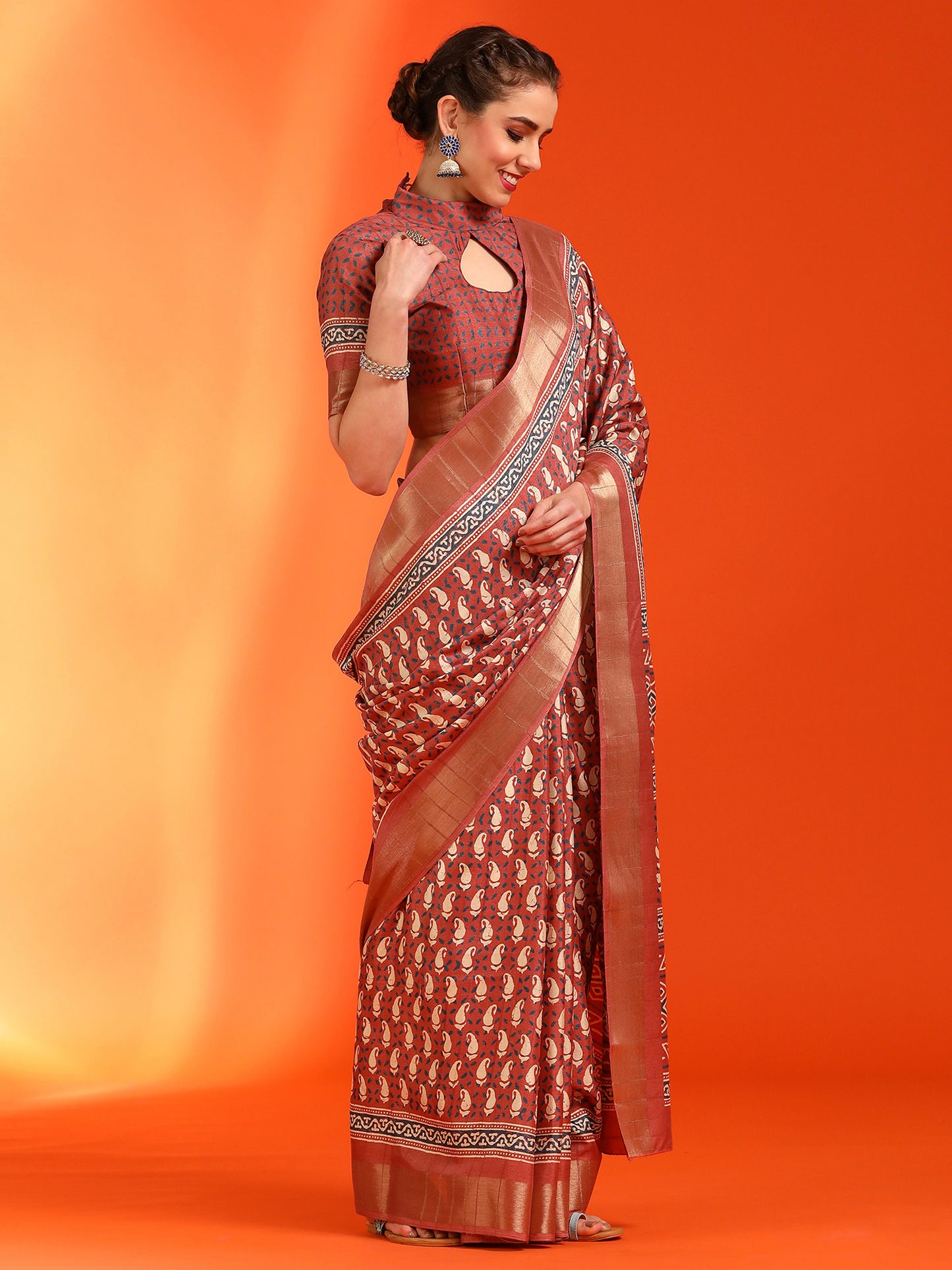 Women's Silk Blend Rust Printed Designer Saree With Blouse Piece